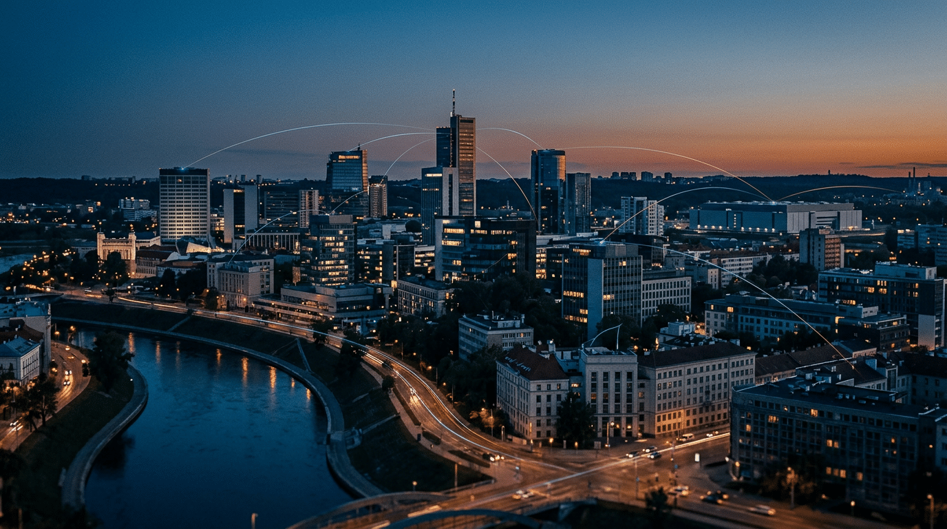 Vilnius skyline and Neris River at dusk with illuminated network arcs